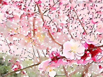 桃花盛開 水彩裝飾畫