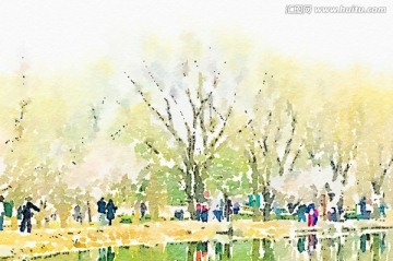 水彩風景 植物園春天