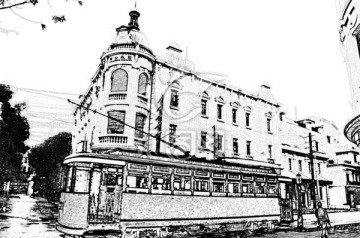 老上海街景鐺鐺車炭筆畫(huà)