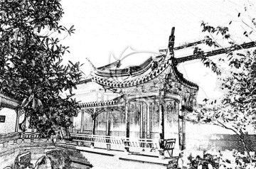 中式建筑炭筆畫