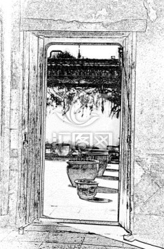 江南古宅石庫(kù)門(mén)炭筆畫(huà)
