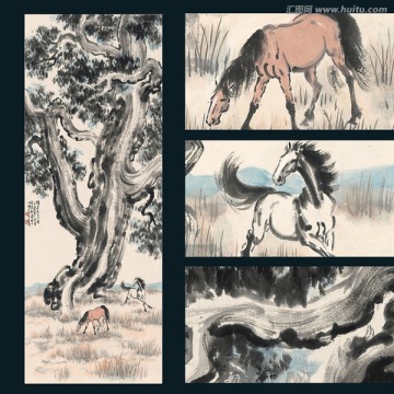 柏樹雙馬圖軸