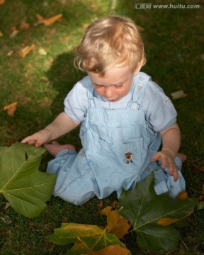 宝宝玩着秋天的树叶