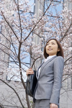 樱花树下的年轻女子