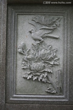 石雕艺术 小鸟 花卉 石雕