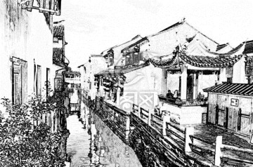 蘇州山塘街沿河人家炭筆畫
