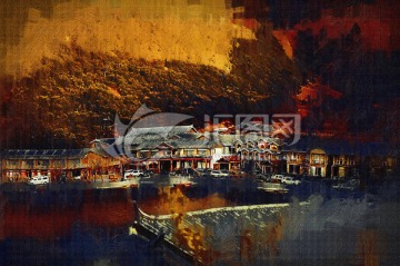 抽像畫風(fēng)景畫 古鎮(zhèn)畫