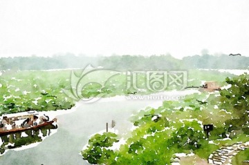 荷塘 水彩畫