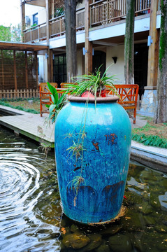 庭院水池中的蓝色水缸盆栽