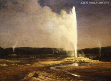 喷泉火山风景油画