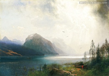 湖光山色風景油畫