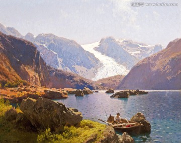 湖泊雪山风景油画