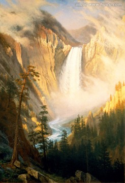 瀑布 风景油画