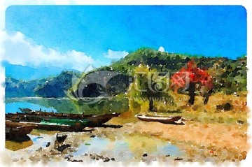 水彩風(fēng)景畫 瀘沽湖