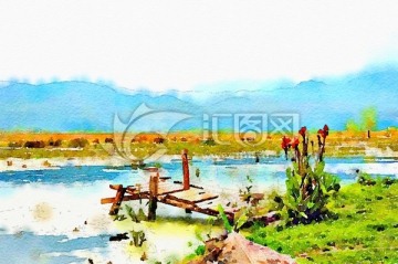水彩風景 瀘沽湖