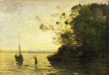 湖泊木船风景油画