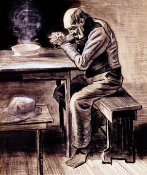 梵高素描 一位老人祈祷