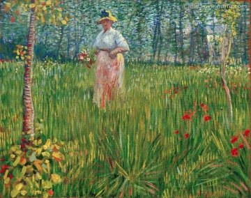 梵高风景画 女人在一个花园