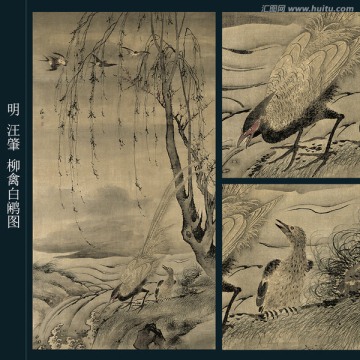 汪肇 柳禽白鷴圖
