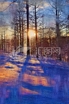 電腦油畫 雪林夕照