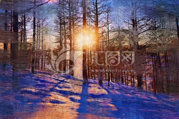 电脑油画 雪林夕照