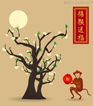 矢量手繪桃樹和猴子素材