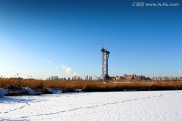 湿地 芦苇 冬天 观光塔 白雪