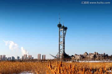 湿地 芦苇 冬天 观光塔 白雪