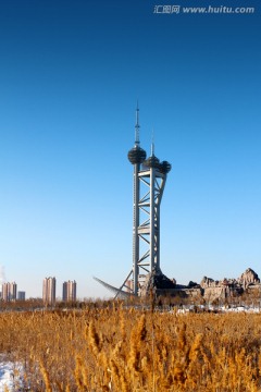 湿地 芦苇 冬天 观光塔 白雪