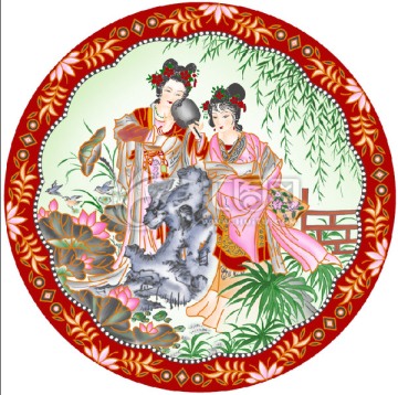 陶瓷花紙掛盤仕女分色好