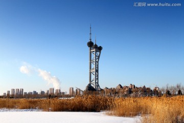 湿地 芦苇 冬天 观光塔 白雪