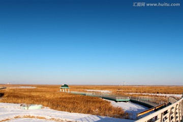 湿地 芦苇 冬天 观光塔 白雪