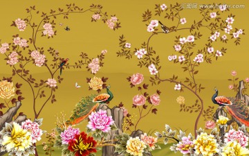 手繪壁畫花鳥圖 工筆花鳥