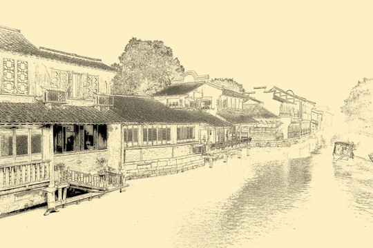 江南古鎮(zhèn)線描 TIF（未分層）