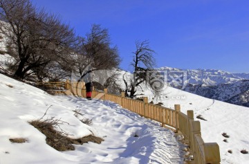 雪天穿越 户外 木道 木栈道