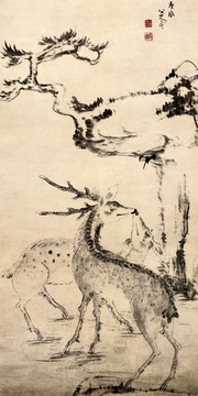 朱耷 松樹(shù)雙鹿圖 未分層