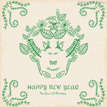 猴年海報 新年快樂 樹葉拼圖