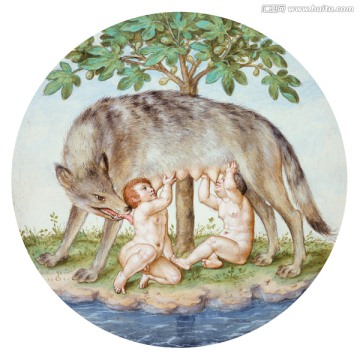 母狼哺育双婴 古典油画