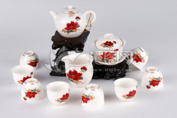 描牡丹茶杯茶盅茶壶瓷器一套