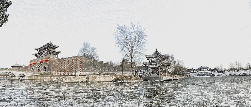 臺(tái)兒莊古城全景彩色線描 不分層