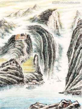 江峽勝境 渡江求佛 國畫