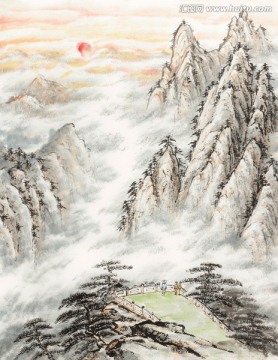 登山觀日 日出 國(guó)畫