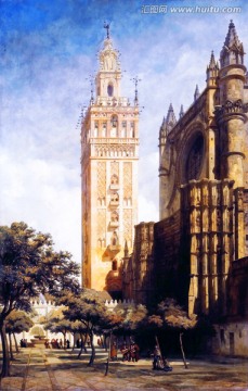 教堂风景油画
