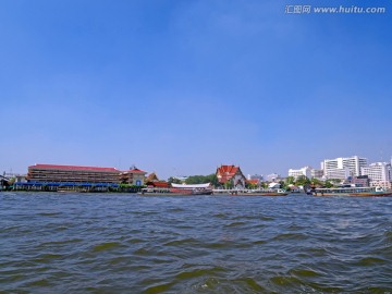 泰国湄南河河流寺庙风光全景