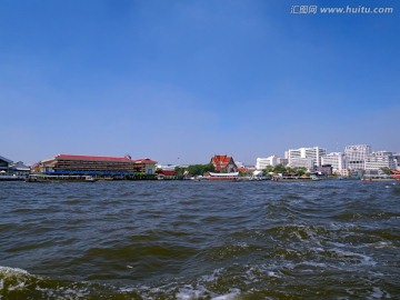 泰国湄南河河流寺庙风光全景