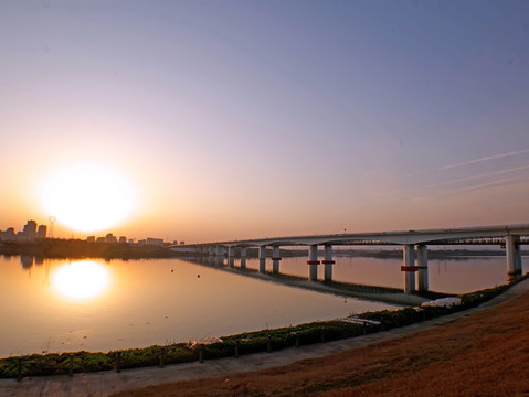 兰溪兰江金角大桥夕阳晚霞全景