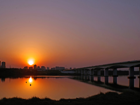 兰溪兰江金角大桥夕阳晚霞全景