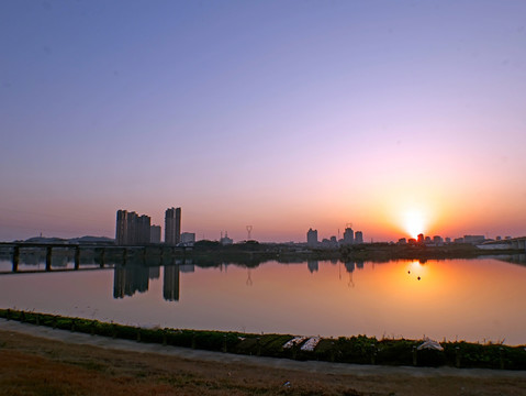 兰溪兰江铁路桥夕阳晚霞全景