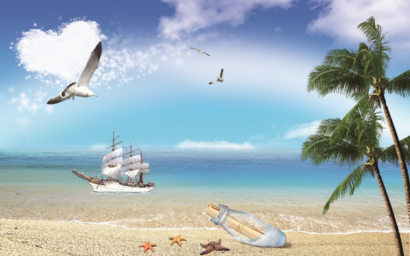 椰树大海风景背景墙装饰画