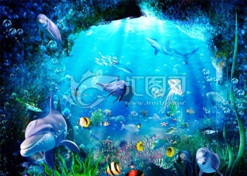 3D海豚背景墙图片